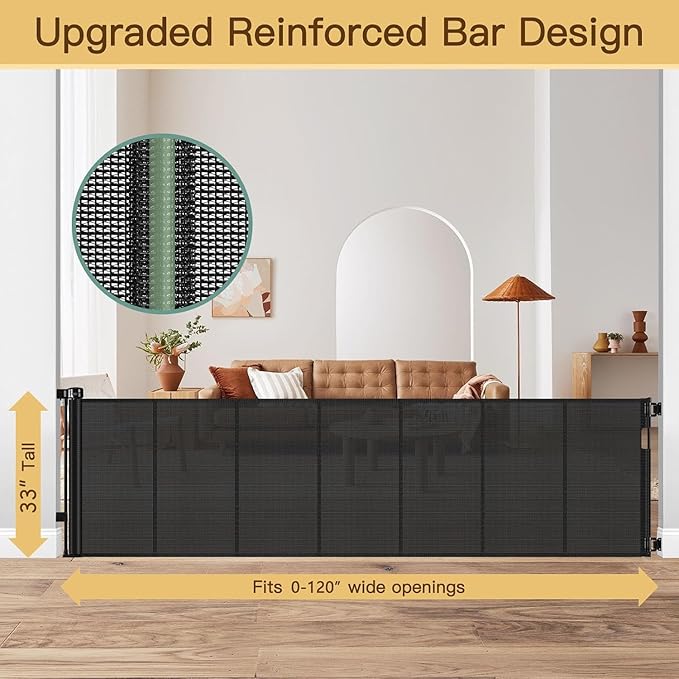 Reinforced 120 Inch Retractable Baby Gates Extra Wide Baby Gate to Prevent Crawling Through, Indoor/Outdoor Retractable Dog Gate, 10ft Scratch-resistant Mesh Child Gates for Doorways Extra Wide, Black