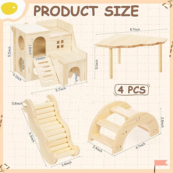 BreezeHug 4 Pcs Hamster Platform Hideout Wooden Tunnel Ladder Playhouse Hamster Game Climbing Toy with Platform Cage Accessories for Small Pets Dwarf Syrian Mice Degus Gerbils Squirrel(Villa)