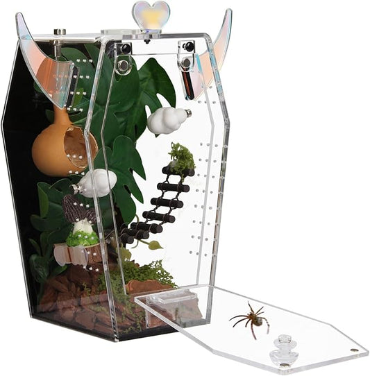 Acrylic Jumping Spider Enclosure，3mm Clear Coffin Terrarium with Magnetic Door & Feeding Hole, Secure Habitat for Jumping Spiders, Mantis, Small Tarantulas