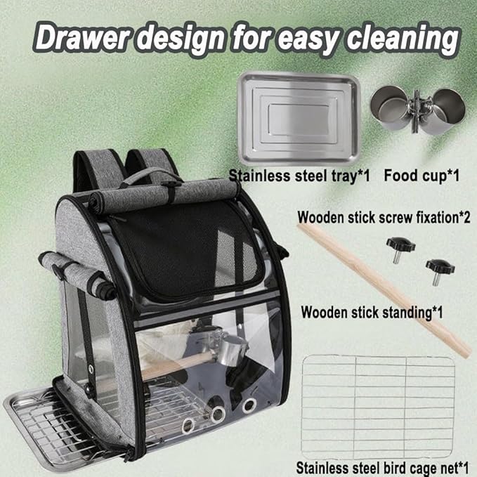 Bird Travel Cage Backpack - Portable Transparent Carrier with Standing Perch, Stainless Steel Mesh and Feeder Cups for Small Birds Like Parrot Parakeet(Grey)