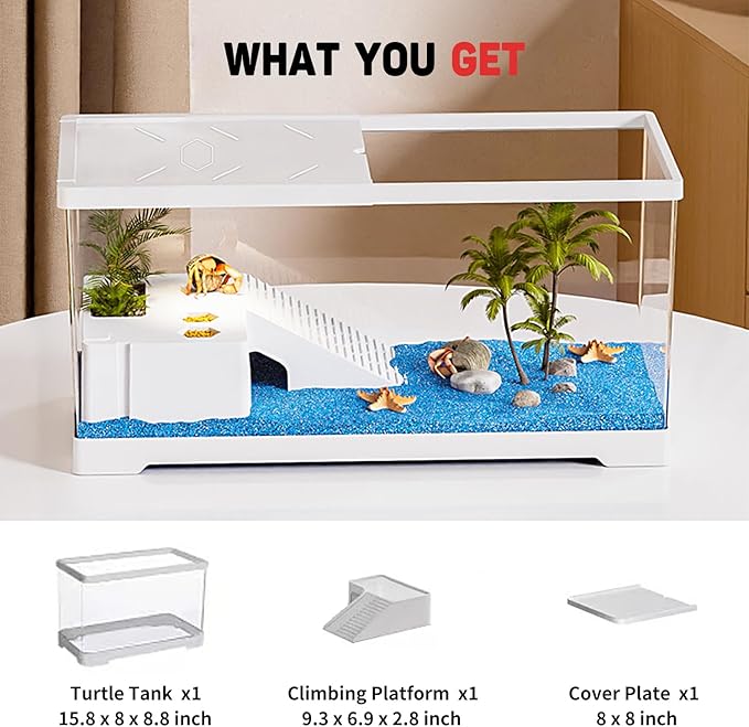 Turtle Fish Tank with Basking Platform and Bottom Drainage, 15.8" x 8" x 8.8" Aquatic Turtle Tank for Juvenile Turtle, Crayfish, Crabs, Amphibians, Reptiles, PC Material, White Color