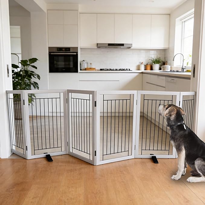 ZJSF Freestanding Dog Gate Indoor, Foldable Dog Fence for Doorways,Hallways or Stairs, Sturdy Wood Extra Wide Pet Gate with Support Feet,Grey,32 "Height-6 Panels