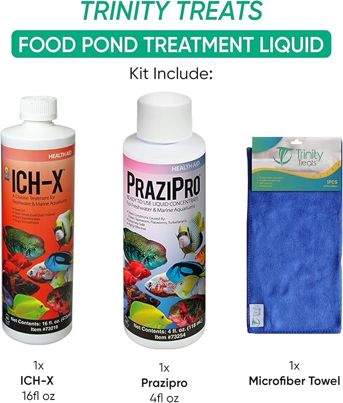 ICH X 16 fl oz, PraziPro 4 fl oz for Freshwater, Including Trinity Treats Microfiber Cleaning Cloth (ICH X for Freshwater Fish, PraziPro for Fish)