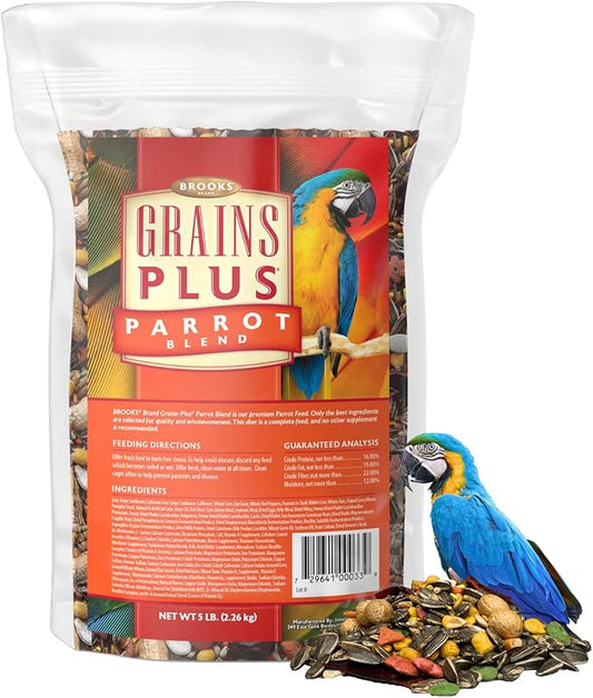 Grains Plus Parrot Blend, Bird Food Parrot Seed Mix, African Grey Food, Eclectus, Indian Ringneck, Quaker (5 lbs)