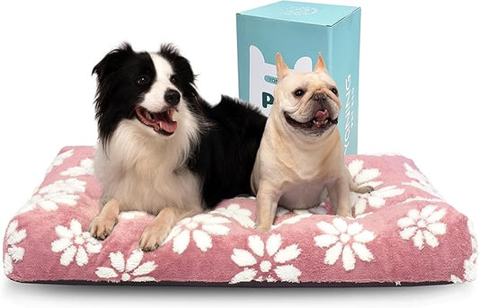 Dog Beds for Extra Large Dogs, Cute Thick Dog Bed for Crate Kennel, Fluffy Pet Bed with Removable Washable Cover and Anti-Slip Bottom, 41"x 28", Pink Flower