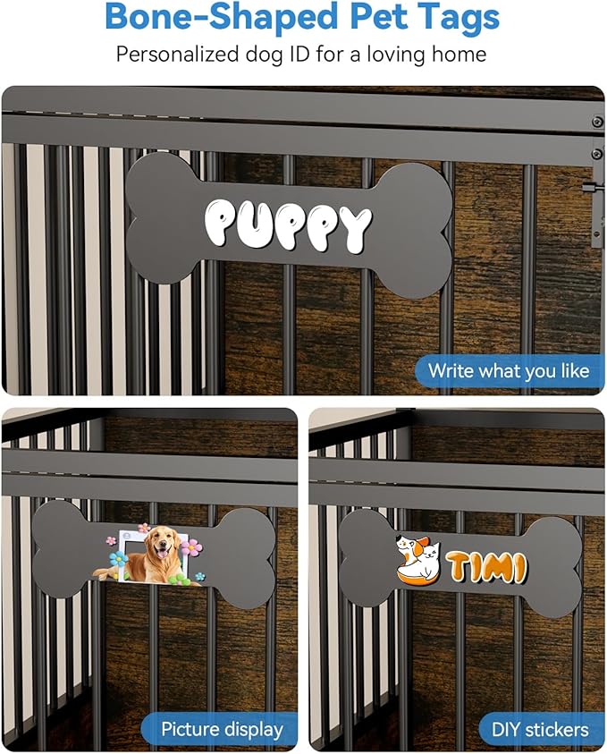 Petrova 40" Dog Crate Furniture with LED Light & Power Outlets, Heavy Duty Indoor Dog Kennel for Small/Medium Dogs, Wooden Dog Cage with Open Shelves, Storage Drawers, Lockable Wheels, Brown