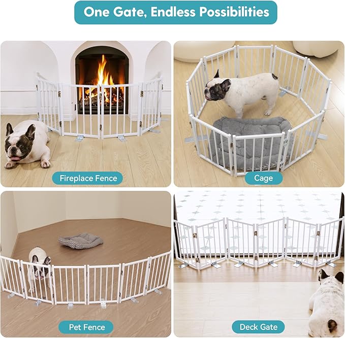 No Pawblems Free Standing Short Dog Gate, 16.5'' Tall Foldable Dog Fence for Indoor & Outdoor, Up to 48 Inch Extra Wide Puppy Gate for Stairs, Hallways, Doorways, Deck, Yard (White, 4 Panels)