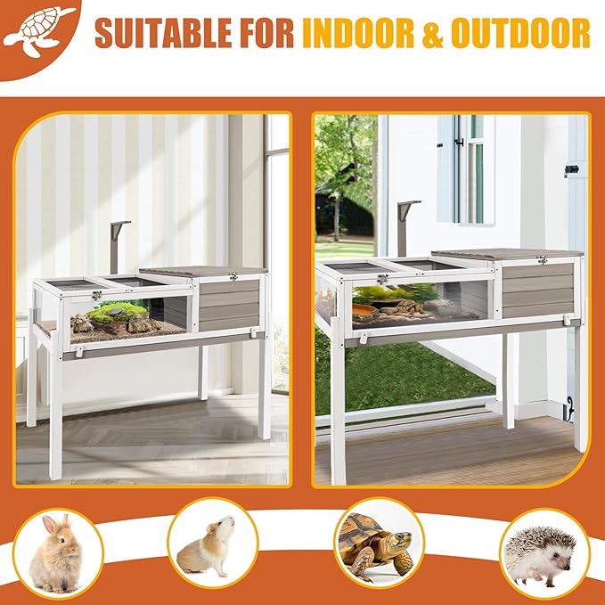 Ketive Tortoise Habitat Large Wooden Tortoise Enclosure Habitat with No-Leaking Tray Indoor & Outdoor, Reptile Cage for Small Animals TOR03-Grey