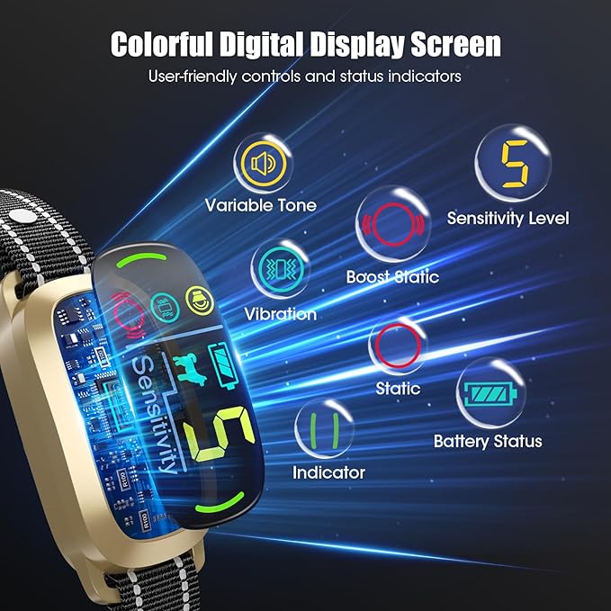 Rechargeable Dog Bark Collar with 5 Working Modes & LCD Display – Waterproof & 5 Adjustable Sensitivity Bark Collar for Large Medium Small Dogs(Gold)