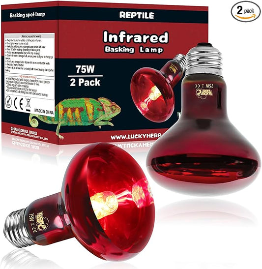 LUCKY HERP Infrared Heat Lamp 75W 2 Pack，Reptile & Amphibian Basking Spot Light Bulbs, Red Heat Lamp Bulbs for Reptiles, Bearded Dragon, Turtle, Lizard, Snake, Chicken