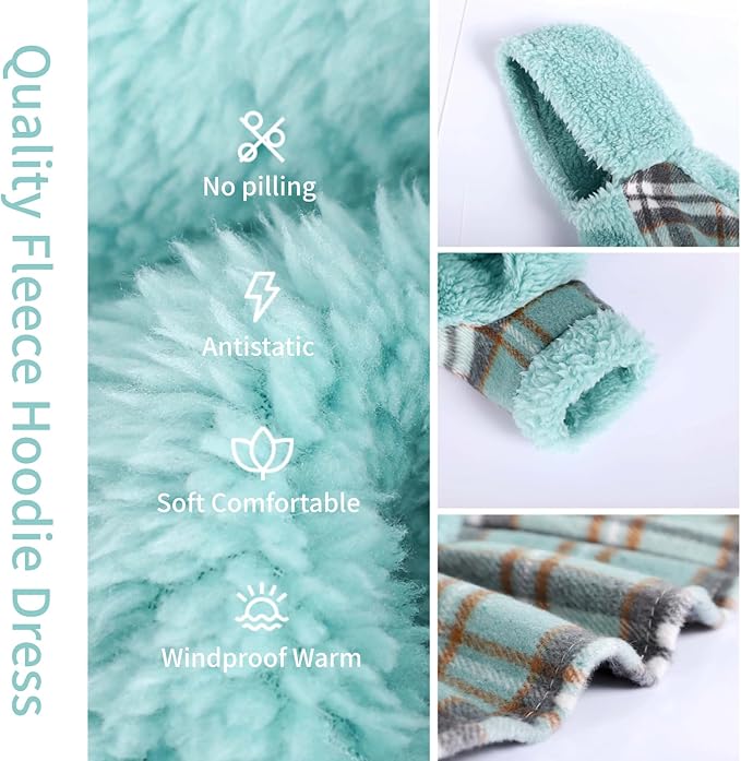 Dog Hoodie Dress Winter Pet Sweaters for Small Dogs Girl Cold Weather Warm Puppy Dresses Plaid Pet Clothes Outfits for Chihuahua Yorkie Teacup Cat Skirt Coat Apparel Clothing (XX-Small, Blue)