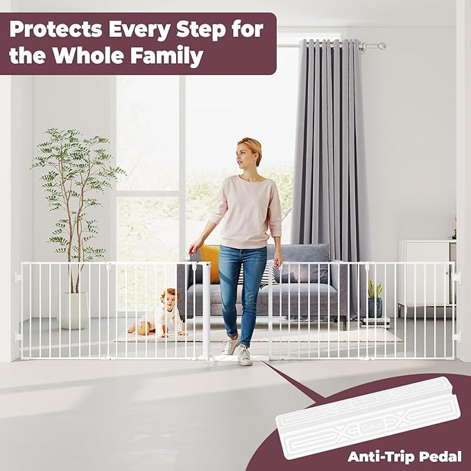 127.5" Extra Wide Baby Gate for Fireplace Christmas Tree, Configurable 5 Metal Panels Baby Fence, Child Gate for Wide Openings with Anti-Trip Pedal, Long Kid Gate for Dog Pet, 28'' Tall White