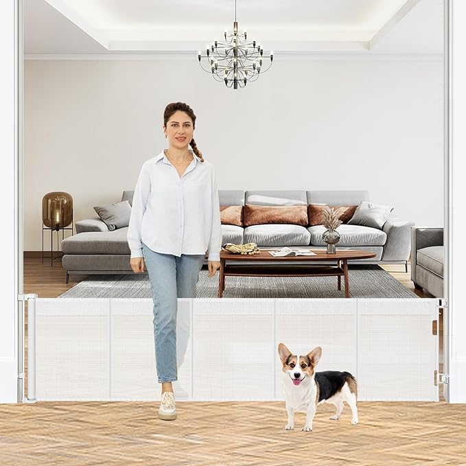 24 Inch Tall x 110 Inch Extra Wide Retractable Dog Gate for The House, Short Baby Gate to Step Over, Reinforced Mesh Puppy Gate for Doorways, Step Over Pet Gate for Stairs, Indoor/Outdoor, White