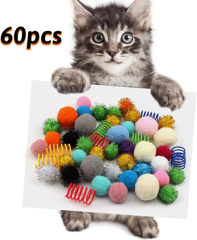 60 Pack Cat Toys - Assorted Kitten, Mouse, Crinkle & Pom Pom Balls - Image 6