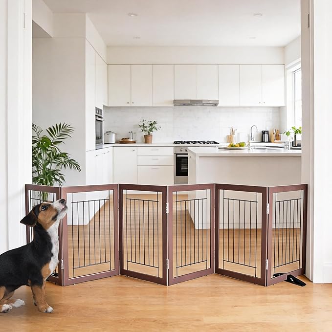 ZJSF Freestanding Dog Gate Indoor, Foldable Dog Fence for Doorways,Hallways or Stairs, Sturdy Wood Extra Wide Pet Gate with Support Feet,Brown,24 "Height-6 Panels