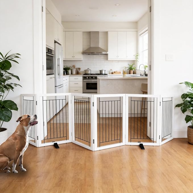 ZJSF Freestanding Dog Gate Indoor, Foldable Dog Fence for Doorways,Hallways or Stairs, Sturdy Wood Extra Wide Pet Gate with Support Feet,White,32 "Height-6 Panels