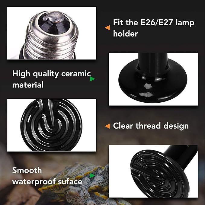 Simple Deluxe Ceramic Heat Emitter 100W Reptile Heat Lamp Bulb No Light Emitting Brooder Coop Heater for Amphibian Pet Snake Turtle & Incubating Chicken, No Harm, Color Black, 1 Pack