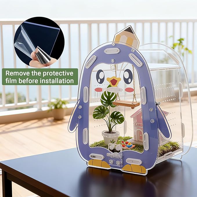 Jumping Spider Enclosure, Penguin Style Small Spider Terrarium with Magnetic Feeding Hole, Escape-Proof Habitat for Tarantula, Mantis, Beetle