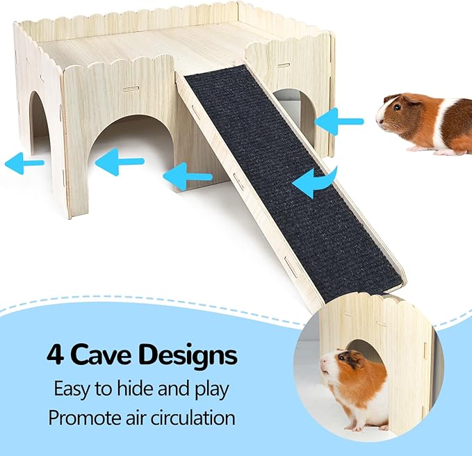 kathson Large Guinea Pig Hideout, Upgraded Guinea Pig Castle with Anti-Slip Ramp Detachable Hamster Hiding Hut Small Animal House for Hamsters Chinchillas Bunny