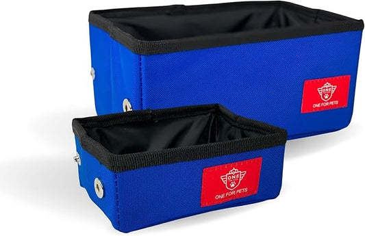 One for Pets Portable 2-in-1 Double Pet Kennel/Shelter, Fabric, Black/Royal Blue 20"x20"x39" - Car Seat-Belt Fixture Included (Collapsible Bowls)