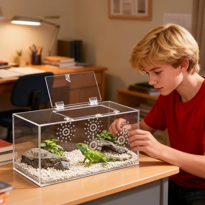 Large Jumping Spider Enclosure, 12x6x6 Inch Acrylic Spider Terrarium, Pre-Assembled Reptile Enclosure with Front Opening Door, Habitat Accessories for Mantis, Tarantula, Snail, Invertebrates