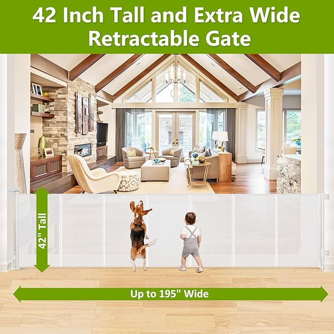 Reinforced 42" Tall x 195" Extra Wide Retractable Baby Gate with Support Rods - Prevent Crawling Under, Extra Large Baby Gate Retractable Dog Gate Indoor Tall Dog Gate Outdoor Gates for Decks, White