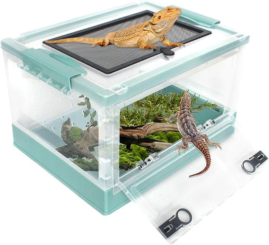 PINVNBY Plastic Reptile Feeding Box with Wheels,Reptiles Breeding Enclosure Cages Transparent Amphibians Habitat Terrarium Tank Portable Transport Container for Lizard,Bearded Dragon(Blue)