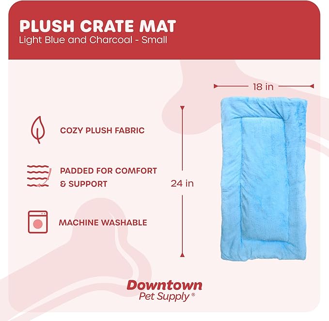 Downtown Pet Supply Comfort Crate Mat | Soft Fleece Pet Bed - Machine Washable, Easy to Clean - Light Blue/Charcoal - 24 x 18 in for Small Dogs or Cats