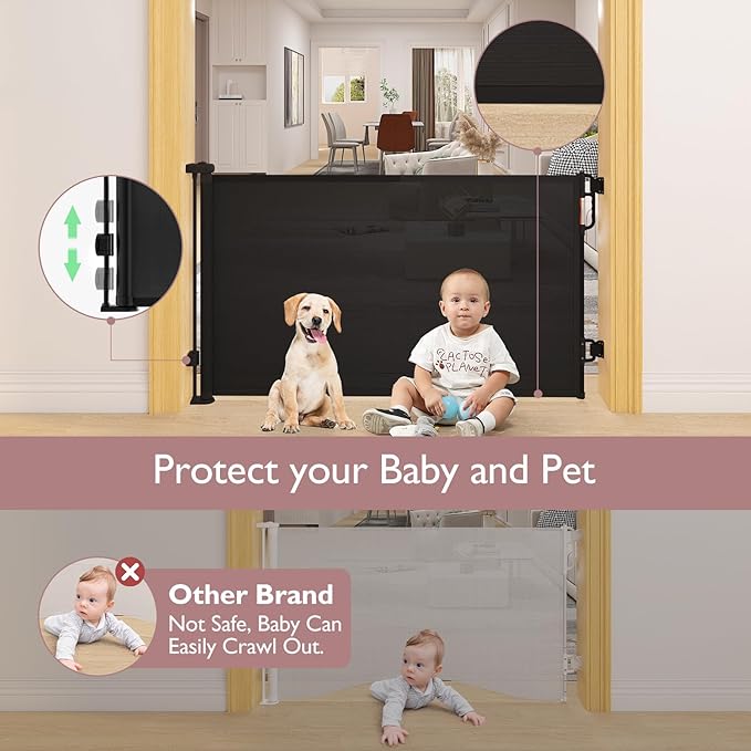 Momcozy Retractable Mesh Baby Gate or Dog Gate, Child Safety Gate for Indoor or Outdoor, 33-inches Tall with up to 55-inches Wide Extension, Avoid Skirting Installation, Black