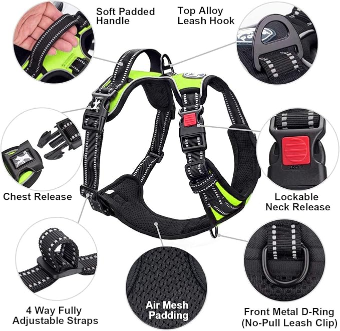 PoyPet No Pull Dog Harness, No Choke Front Lead Dog Reflective Harness, Adjustable Soft Padded Pet Vest with Easy Control Handle for Small to Large Dogs(Green,M)