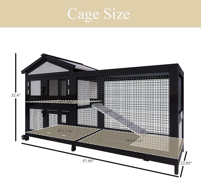 57.9” Indoor/Outdoor Rabbit Hutch with Run, 2-Story Wooden Bunny House with Leak-Proof Trays & Chew-Proof Ramp, Wheels for Easy Movement