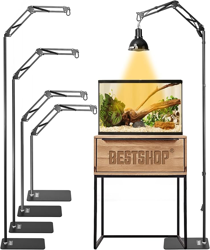 Reptile Light Stand, Heat Bulb Stand (15.7 to 74.3 inch) with Adjustable 360° Swing Arm for Terrarium, Reptile Heat Lamp Stand for Bearded Dragons, Turtles, and Chameleons (Black)