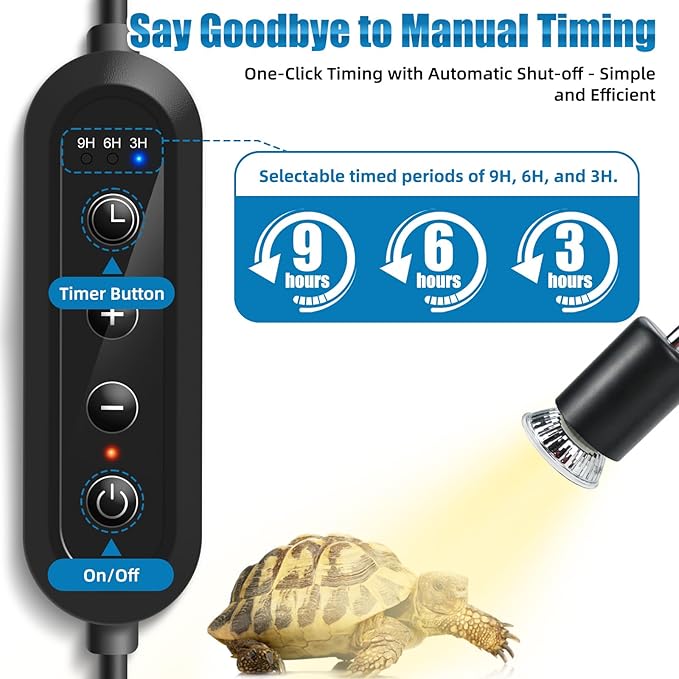 Adjustable Temperature Turtle Tortoise Reptile Heating Lamp with Dual UVB 50W Bulbs and Built-in Timer for Turtles, Tortoises, and Bearded Dragons (Black)
