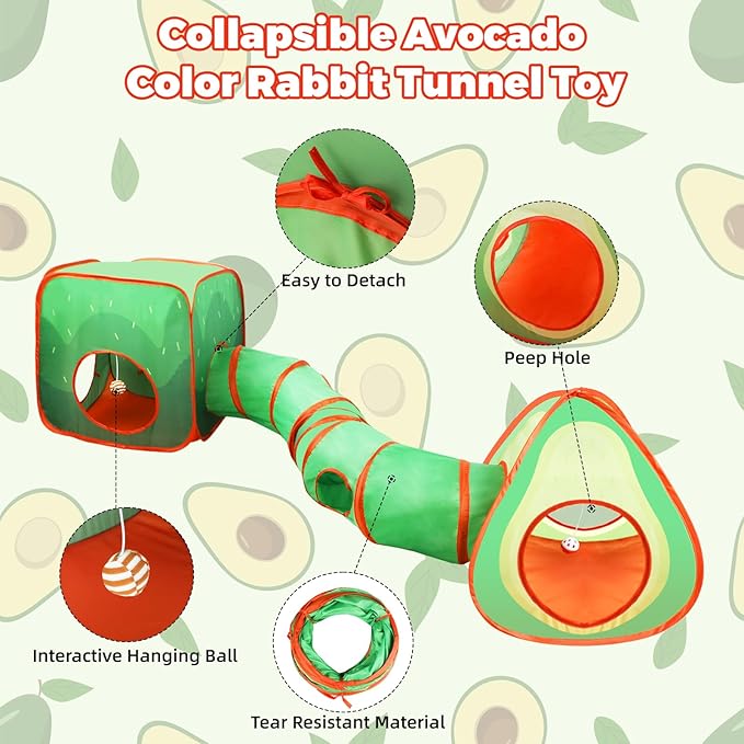 YUEPET Rabbit Tunnel and Cube Collapsible Tent Bunny Interactive Crinkle Tunnel Toys Small Animal Hideout with Play Ball for Dwarf Rabbit Bunny Guinea Pig (Avocado)