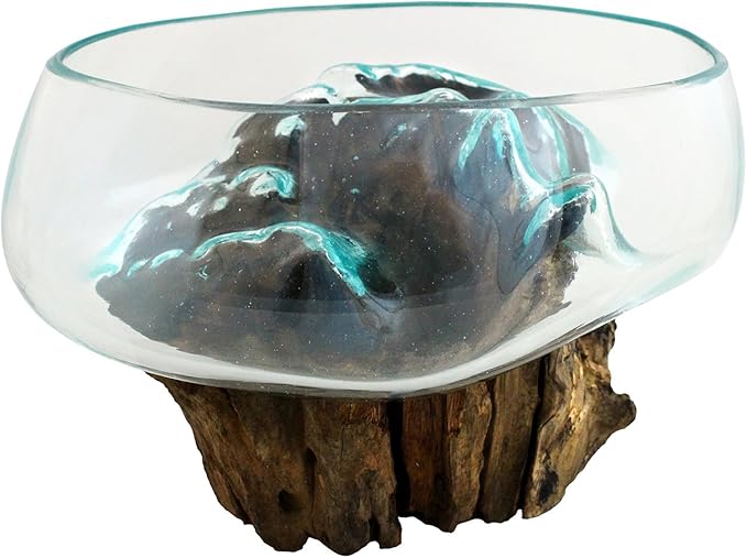 Cohasset Molten Glass | #658-24 | Wide Mouth Molten Glass | Terrarium | Fairy Garden | Approximately 9.5" Wide | Natural Wood and Recycled Glass |