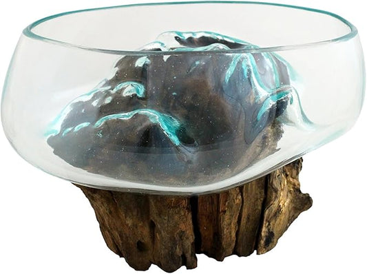 Cohasset Molten Glass | #658-24 | Wide Mouth Molten Glass | Terrarium | Fairy Garden | Approximately 9.5" Wide | Natural Wood and Recycled Glass |