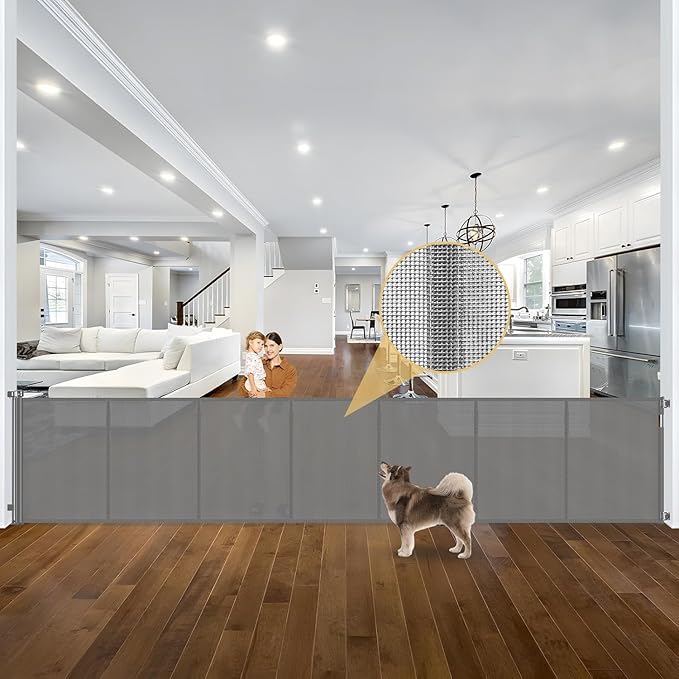 Reinforced 42" Tall Retractable Dog Gate Mesh Baby Fence Gate, 16 Ft Long Baby Gates Indoor Extra Long Gates for Kids or Pets, Outdoor Retractable Gate with Support Rods - Prevent Crawling Under, Gray