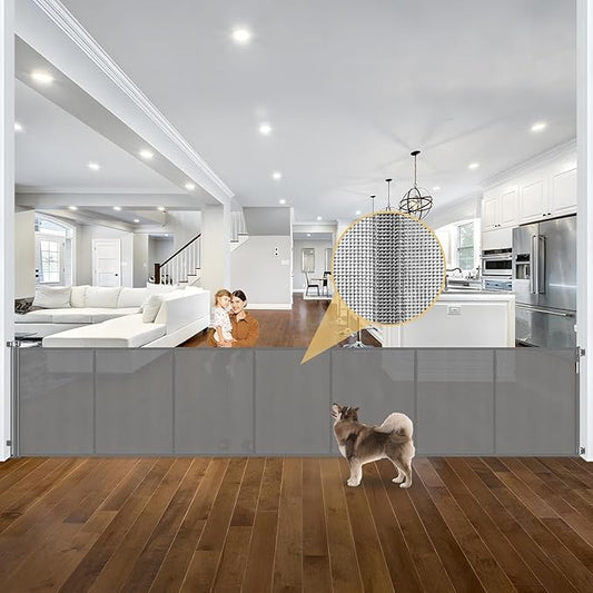 Reinforced 42" Tall Retractable Dog Gate Mesh Baby Fence Gate, 16 Ft Long Baby Gates Indoor Extra Long Gates for Kids or Pets, Outdoor Retractable Gate with Support Rods - Prevent Crawling Under, Gray