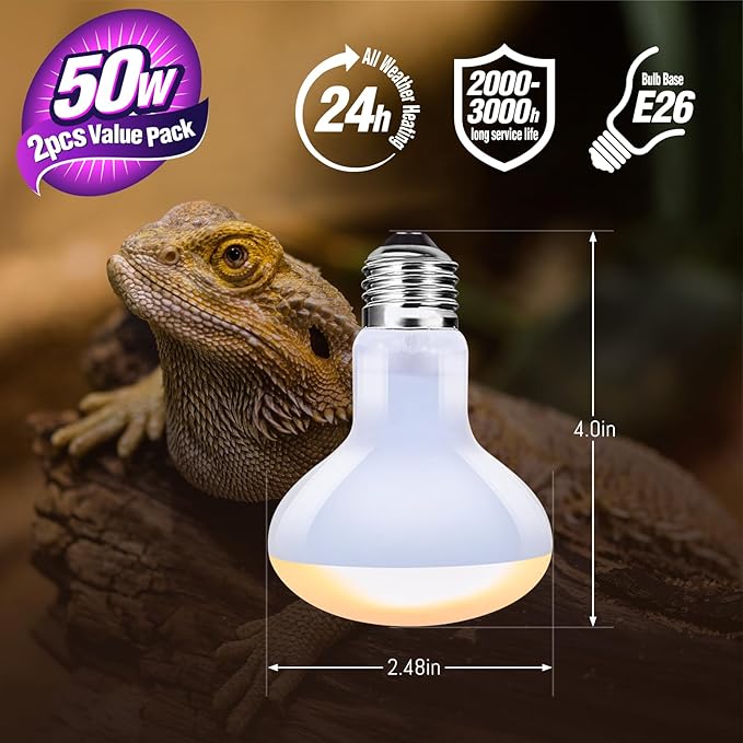 Leoterra Reptile Heat Lamp 50W Basking Spot Bulb (2 Pack) - UVA Daylight Heating for Bearded Dragon, Leopard Gecko, Turtle, Snake - E26 Terrarium Light 10-20 Gallon Winter Essential 2000+ Hours
