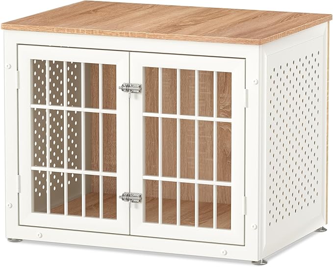 rehomerance 32" Heavy Duty Dog Crate Furniture for Small and Medium Dogs, Metal Kennel for High Anxiety Dogs, Chew Proof Pet Cage Indoor, Decorative Dog Kennel End Table, White