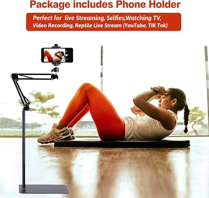 Metal Reptile Lamp Stand Tall Floor，Reptile Heat lamp Stand Adjustable with 360 °Swing Arm, Reptile Heating Lamp Stand Suitable for Different Types of Reptilee Lights (Includes Phone Holder)