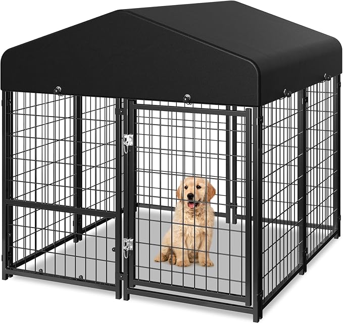 Dog Kennel Outdoor, Weatherproof Outside Dog Kennel with Roof & Removable Dog Door, Outdoor Kennels Dog Enclosure Run for Small Medium Dogs (4'L x 4'W x 4.6'H)