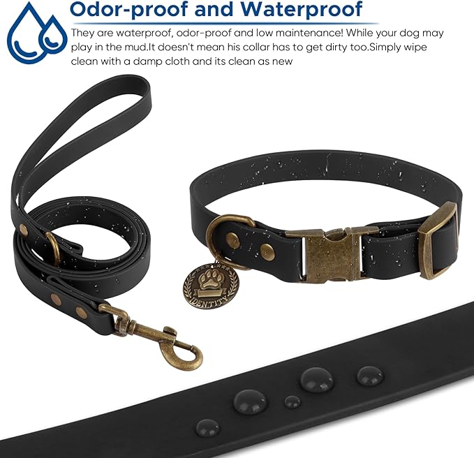 Wisedog Waterproof Dog Collar and Leash Set, Adjustable Puppy Collar with Cute Tag 6FT Dog Leash with Poop Bag for Small Medium Large Dogs (XL, Black)