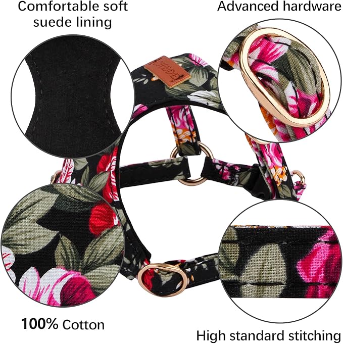 CHEDE No Pull Floral Pattern Dog Harness- Lightweight and Soft Harness, Adjustable Small Dog Harness and Leash Set, with Dog Leash, Suitable for Puppy Small and Medium-Sized Dog (M, Black Flower)