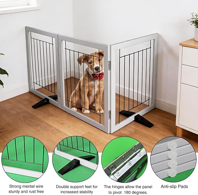 ZJSF Freestanding Dog Gate Indoor, Foldable Dog Fence for Doorways,Hallways or Stairs, Sturdy Wood Extra Wide Pet Gate with Support Feet,Grey,32 "Height-3 Panels