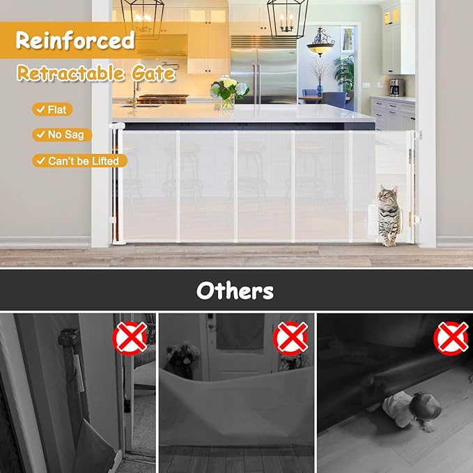Reinforced 90” Extra Wide Retractable Baby Gate with Cat Door 33 Inch Tall Retractable Gates for Dogs Indoor with Door 7.5 Ft Extra Long Baby Gates for Large Openings Mesh Pet Gate Indoor, White
