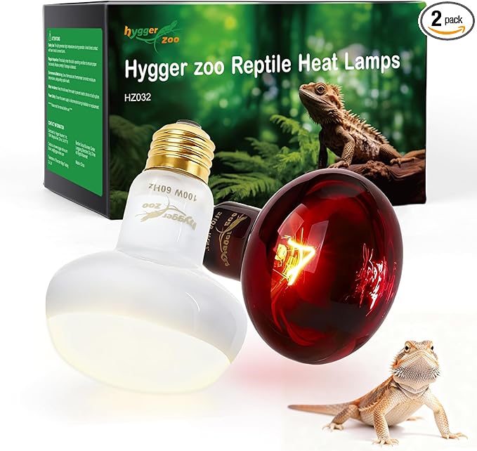 Reptile Heat Lamp Bulbs, 2 Pack 100W Reptile Heat Bulbs UVA Daylight Basking Bulb and Infrared Heat Lamp Red Night Light Bulb Combo for Bearded Dragon Chameleon Turtle Snake Gecko Lizard Chicken Tank