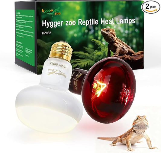 Reptile Heat Lamp Bulbs, 2 Pack 100W Reptile Heat Bulbs UVA Daylight Basking Bulb and Infrared Heat Lamp Red Night Light Bulb Combo for Bearded Dragon Chameleon Turtle Snake Gecko Lizard Chicken Tank