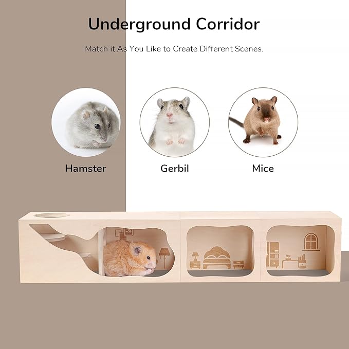 Hamster Hideout Wooden House Chamber Small Animals Pets Tunnel Exploring Toys Secret Peep Shed for Dwarf Hamsters, Syrian Hamsters, Gerbils, Hedgehogs, Rats, Mice (Living Room)