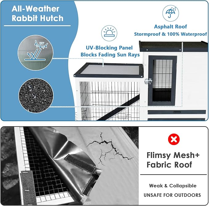 FunXplore Rabbit Hutch Indoor Bunny Cage Outdoor with Urine Guards 2 Storey Mobile Guinea Pig Cage Weatherproof Asphalt Roof Wire Bottom 2 Trays